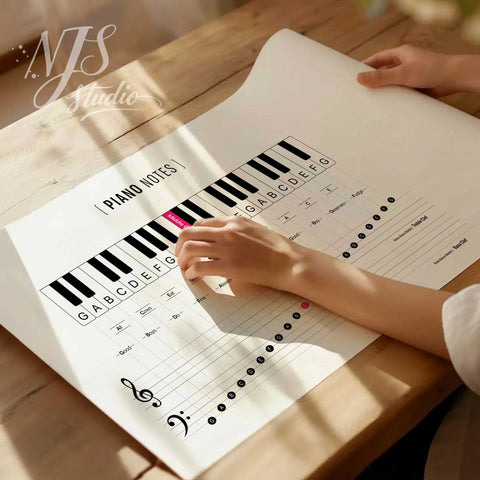 Person holding a sheet of music with piano notes and keyboard diagram on a wooden surface.