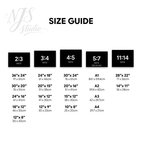 Size chart for horizontal prints showing aspect ratios like 3x2, 4x3, and ISO for wall decor.