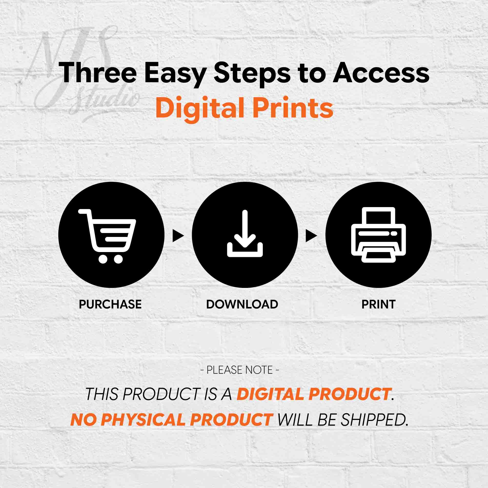 Three step infographic guide explaining how to purchase, download, and print digital holiday art.