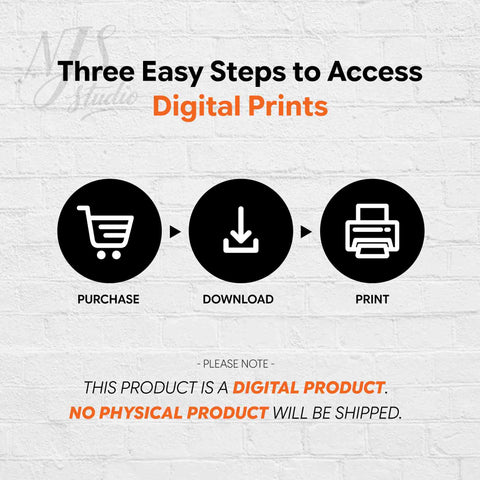 Three step infographic guide explaining how to purchase, download, and print digital holiday art.