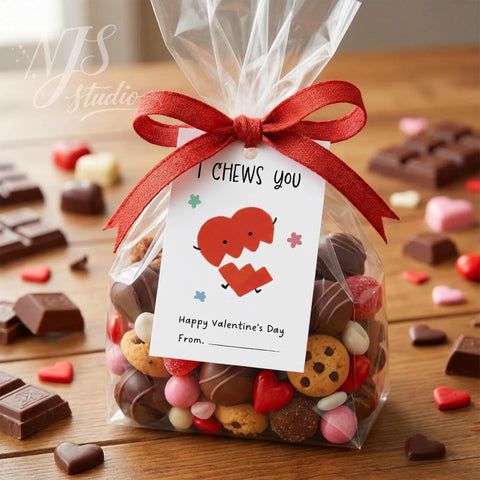 Valentine's gift bag with cookies, chocolates, heart tag, and NJS studio branding