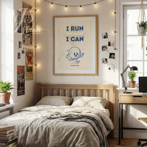 Inspirational running quote wall art displayed above a bed in a cozy bedroom, featuring the text “I run because I can” and a playful running character.