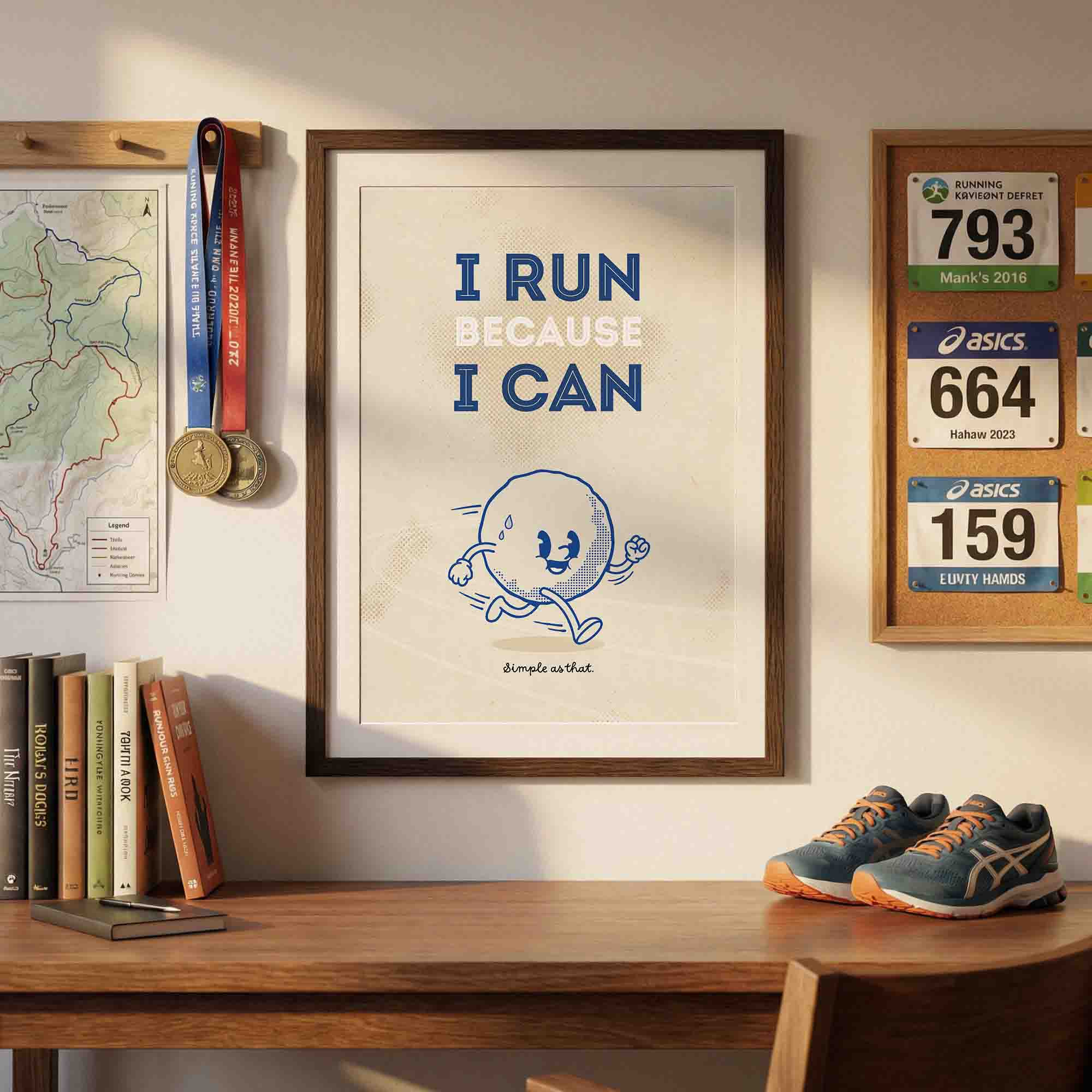 Motivational running wall art reading “I run because I can,” framed and displayed in a runner’s room with race medals, books, and running shoes.