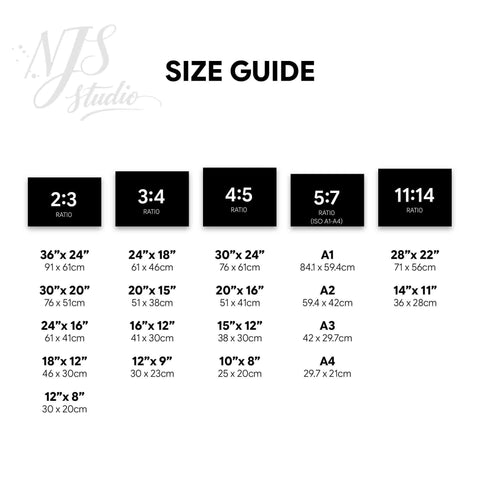 A horizontal Digital Print Size Guide clearly illustrating the 5 included ratio files: 2:3, 3:4, 4:5, 5:7 (ISO A-series), and 11:14. Shows common Inches and cm sizes for 24x36, 18x24, A1, A4. This chart helps customers choose the correct file for their Digital Wall Art printing needs, enhancing the search for Printable Art Sizes and Print Ratio Guide.