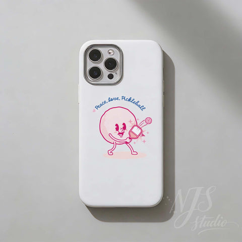 White phone case with "Peace Love Pickleball" sticker design. Cute retro pickleball mascot PNG for decals and stickers.