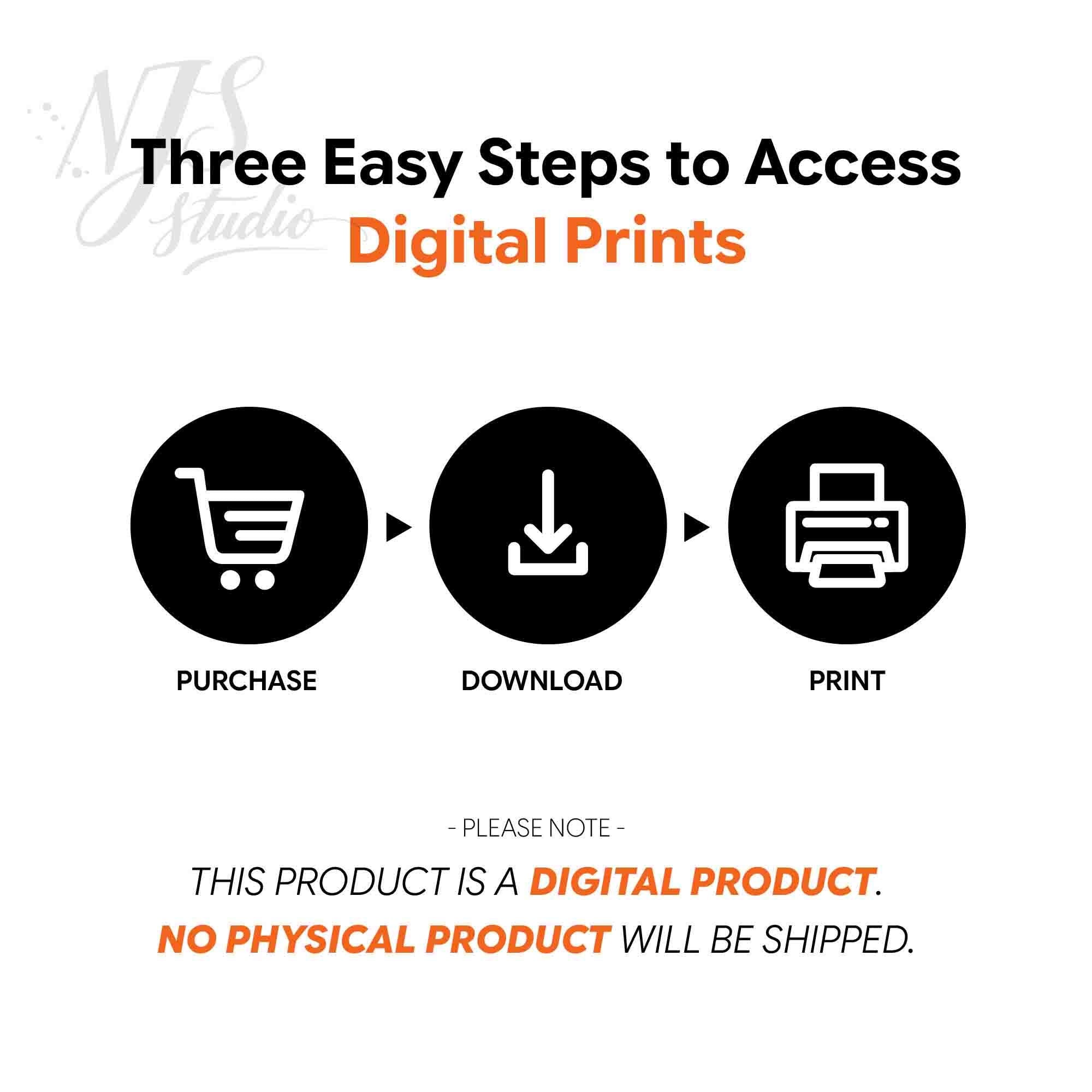 Three step guide showing how to purchase, download, and print digital wall art with simple icon instructions.