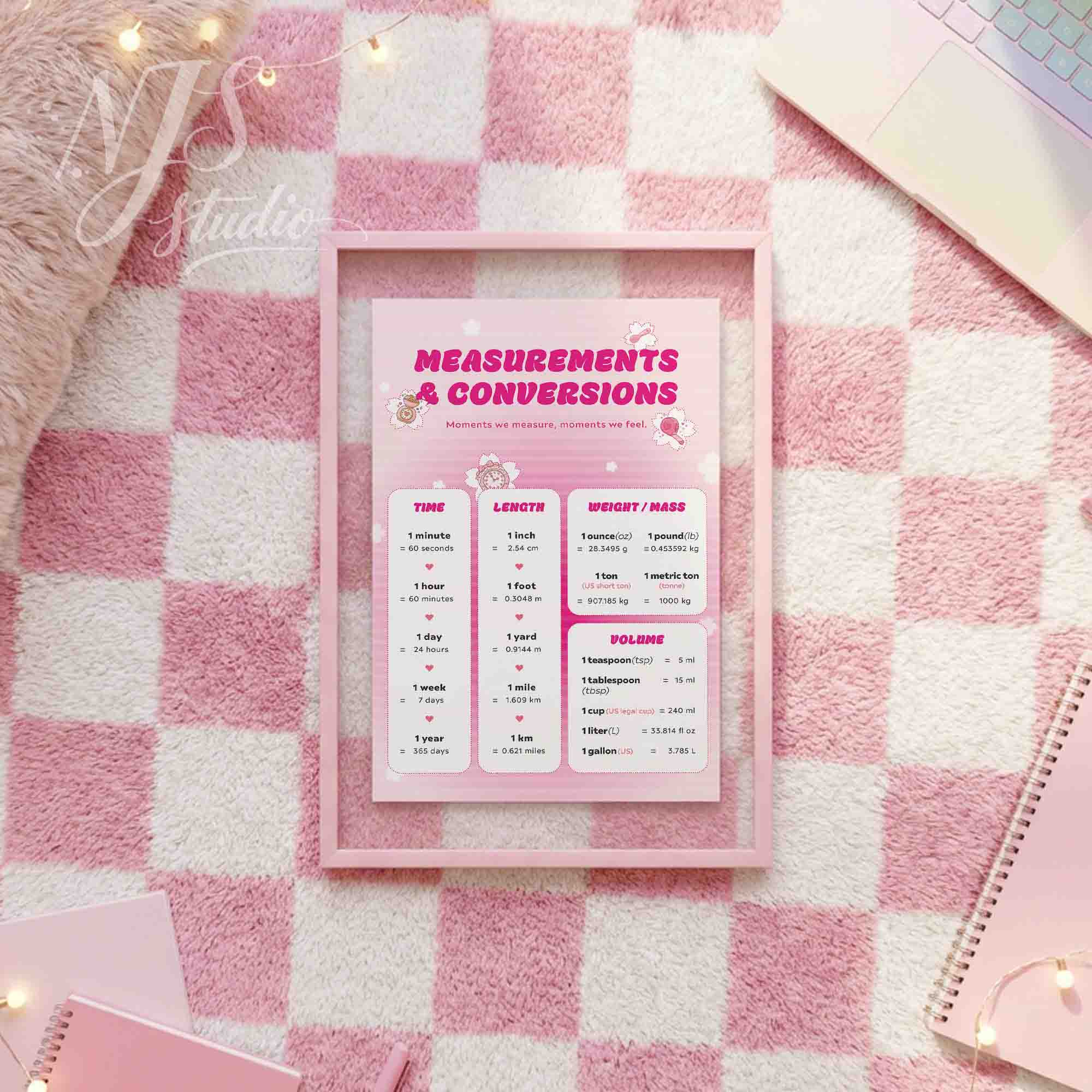 Pink educational wall chart showing time, length, weight, and volume conversions, styled on checkered rug with stationery for cute kids study decor.