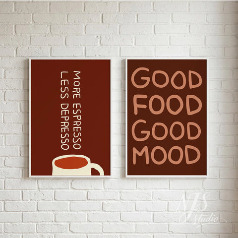 Kitchen wall decor set featuring Good Food Good Mood and More Espresso Less Depresso brown prints on a brick wall.