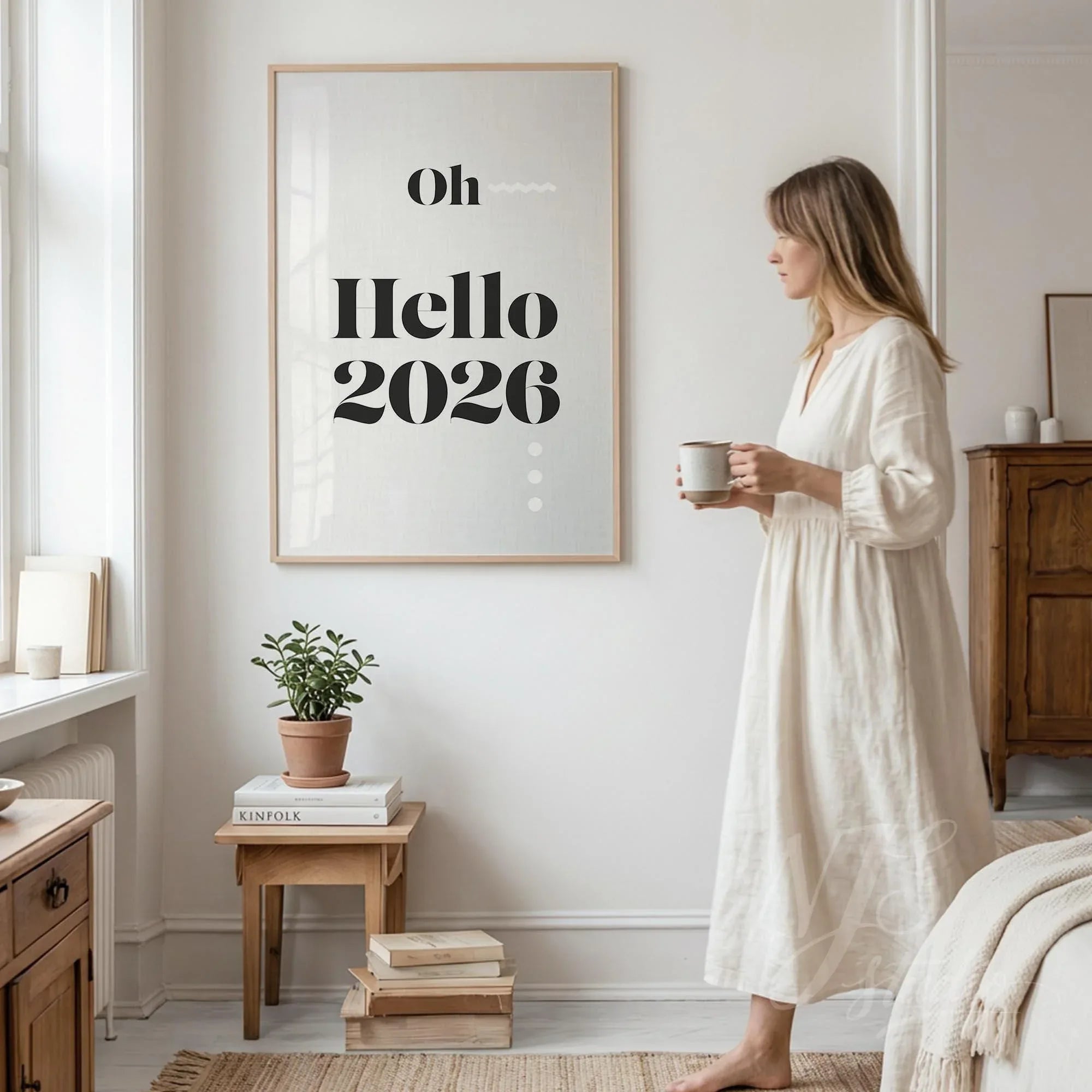 Minimalist living room wall art print saying 'Oh Hello 2026', modern decor by NJS studio.