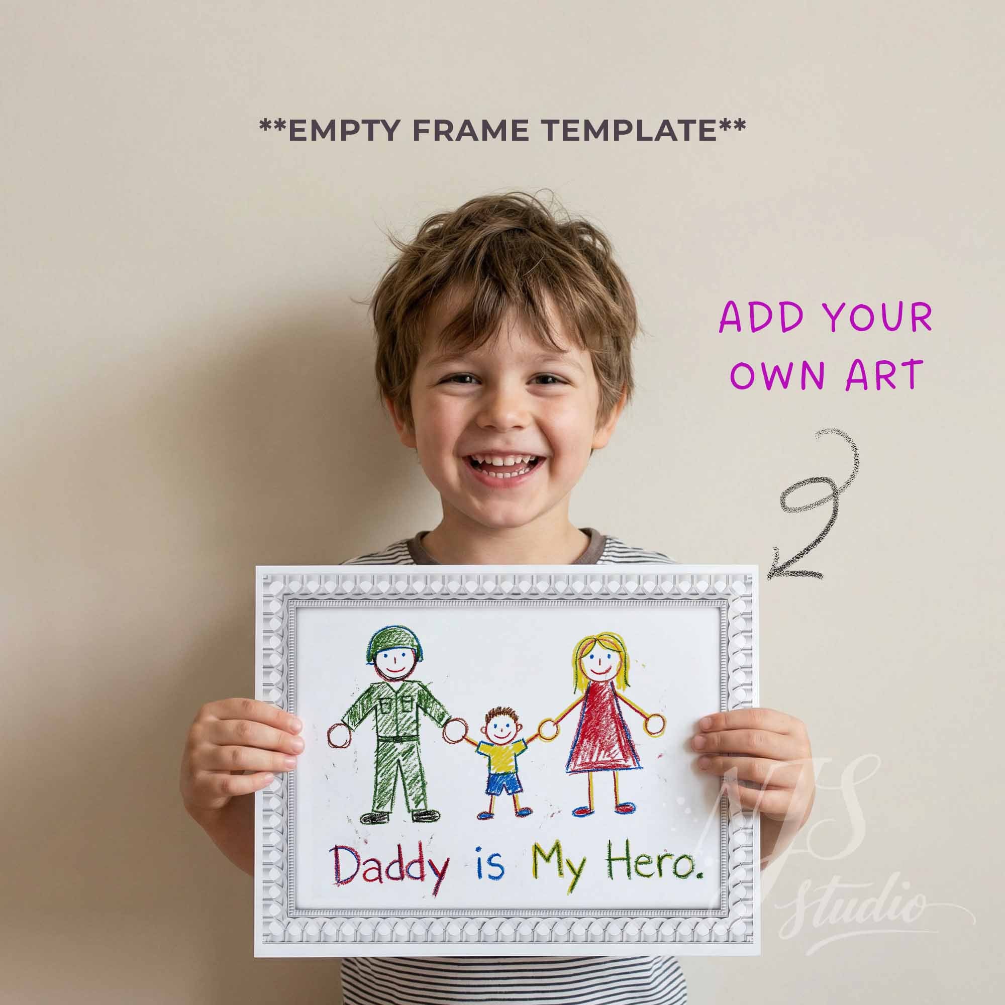 Child holding a framed drawing with text 'Daddy is My Hero' against a plain background