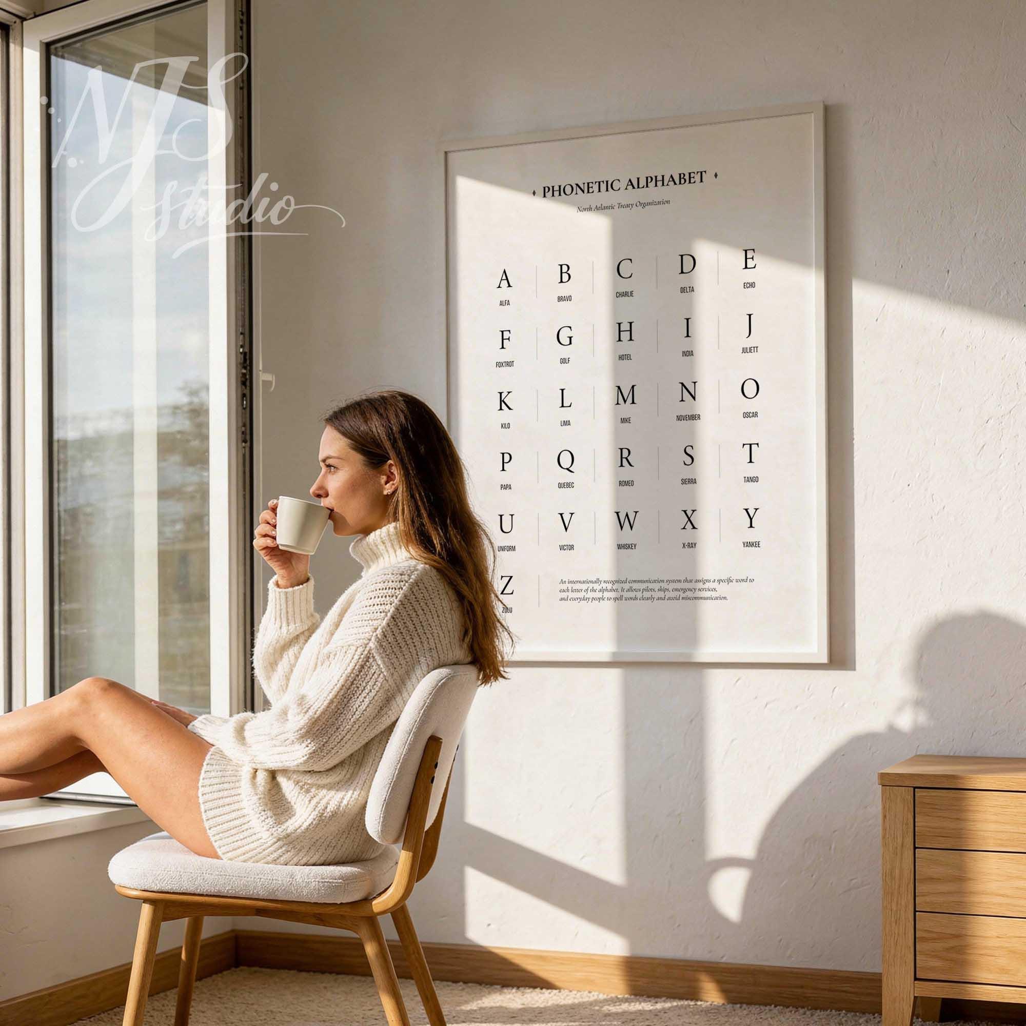 Woman relaxing next to large framed phonetic alphabet wall art near window, modern home styling idea.