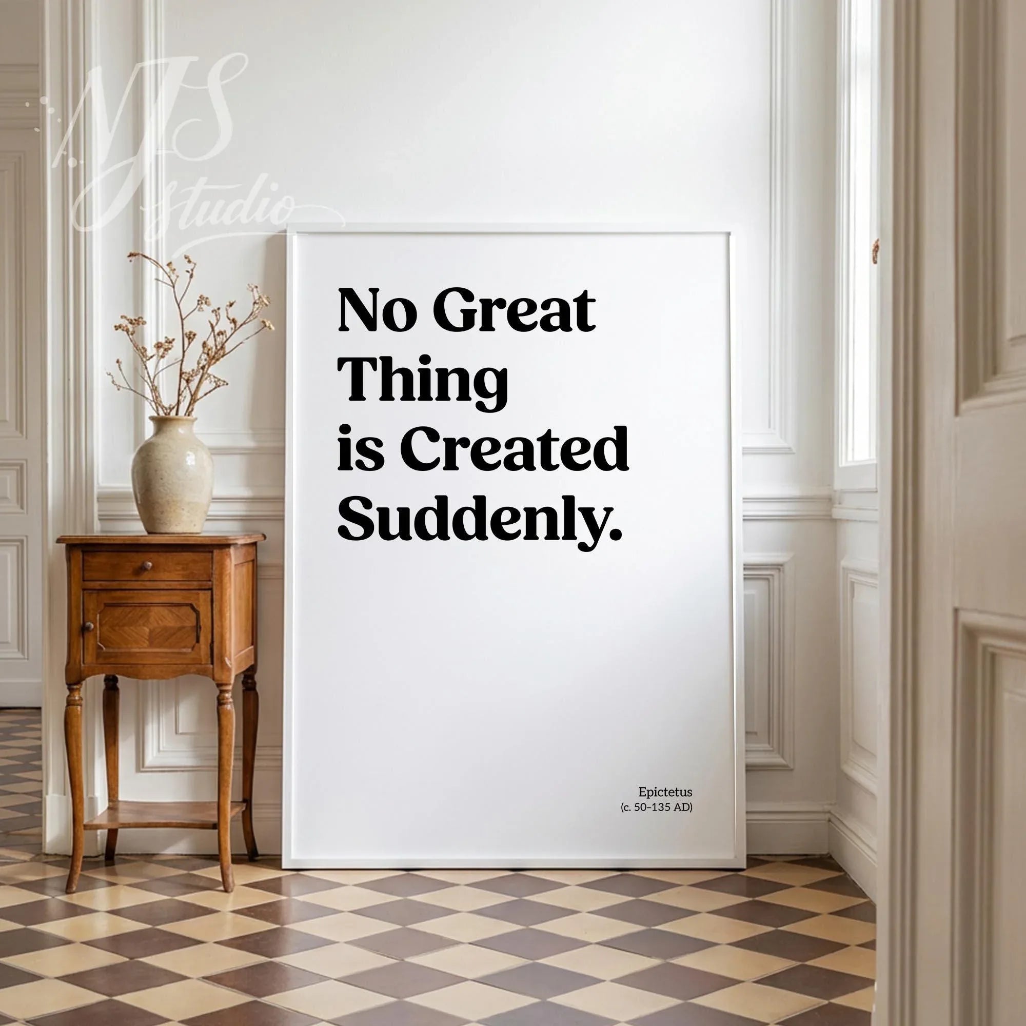 Modern entryway with NJS studio typography art print, motivational quote, wooden table, neutral decor