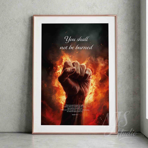 Modern religious poster design with a strong fire illustration and scripture text.