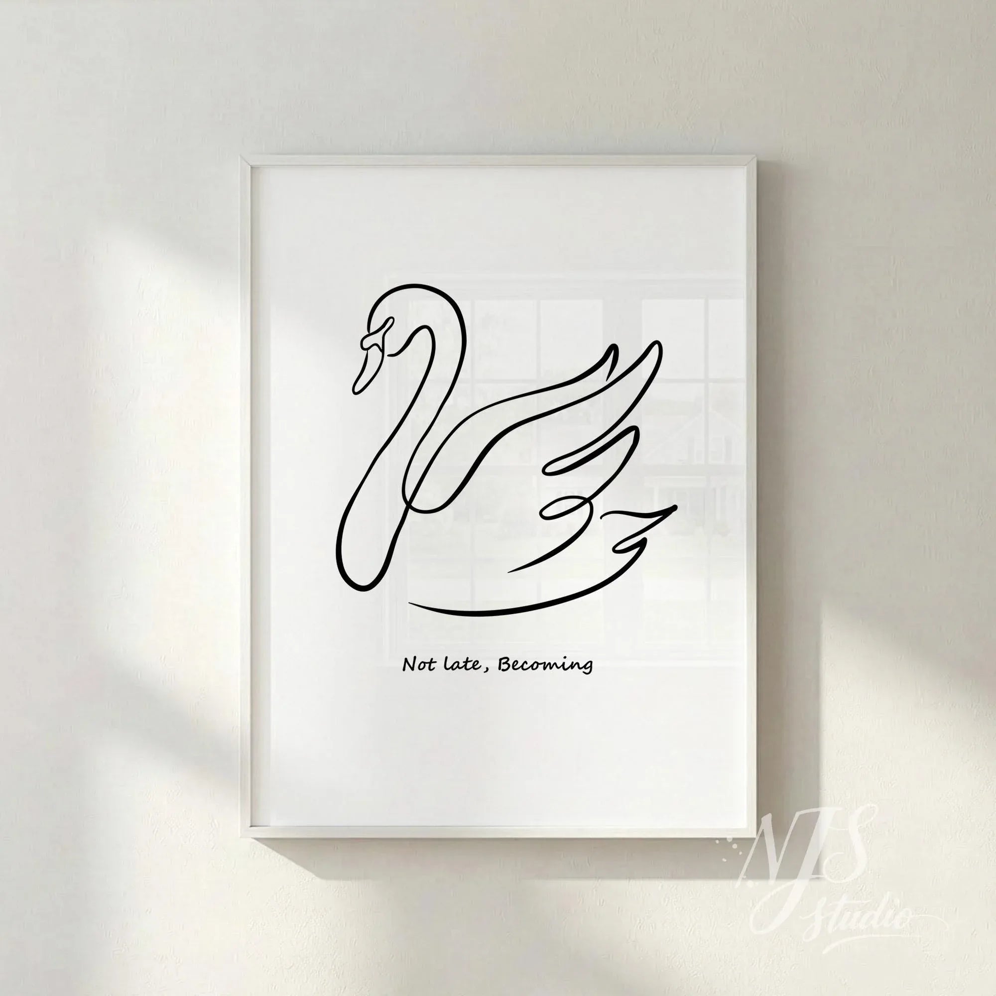 Close up of minimalist swan line drawing poster in white frame on textured wall, modern neutral wall art print