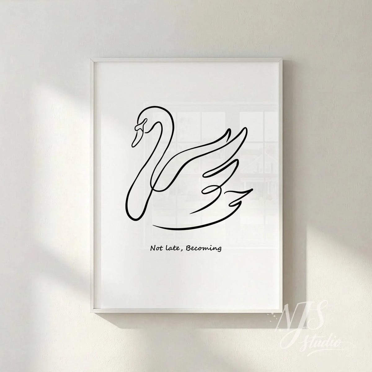 Close up of minimalist swan line drawing poster in white frame on textured wall, modern neutral wall art print