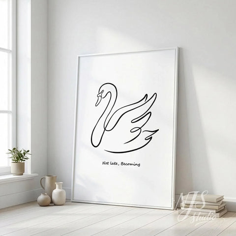 Large minimalist swan line drawing poster leaning on floor near window with vases and books, neutral modern interior wall art