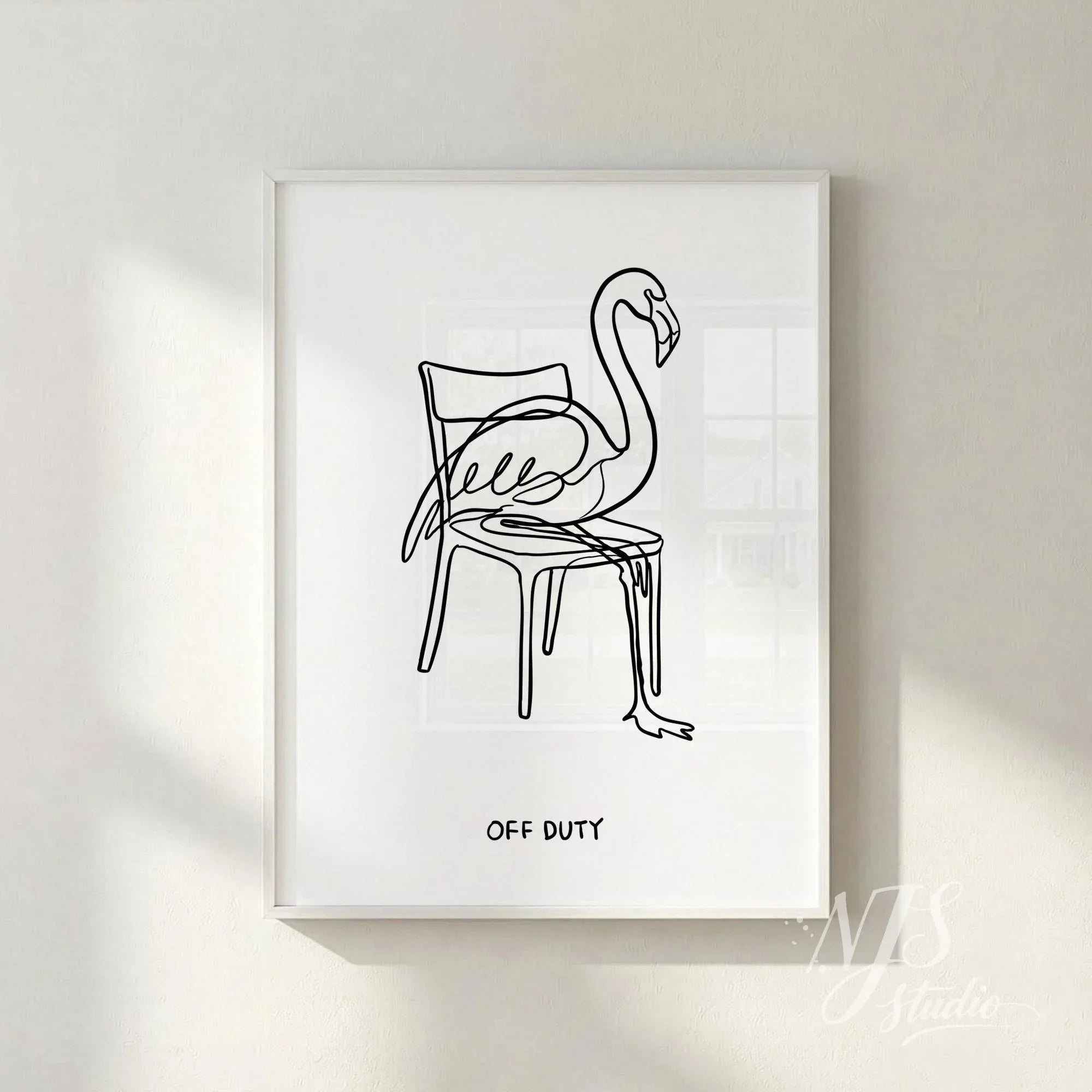 Minimal black line art flamingo sitting on a chair with “Off Duty” text, modern wall art poster in white frame, Scandinavian style home decor for living room or office