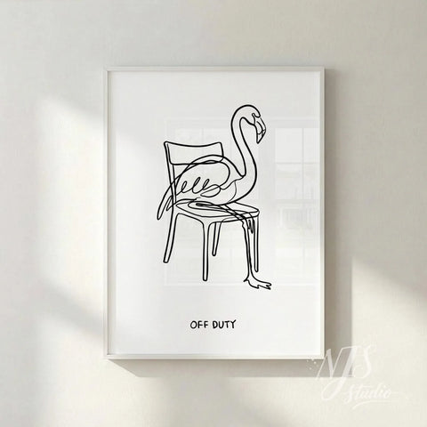 Minimal black line art flamingo sitting on a chair with “Off Duty” text, modern wall art poster in white frame, Scandinavian style home decor for living room or office