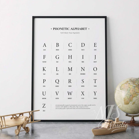 Framed phonetic alphabet poster in kids study room with globe and wooden airplane toys, educational wall art for boys room.