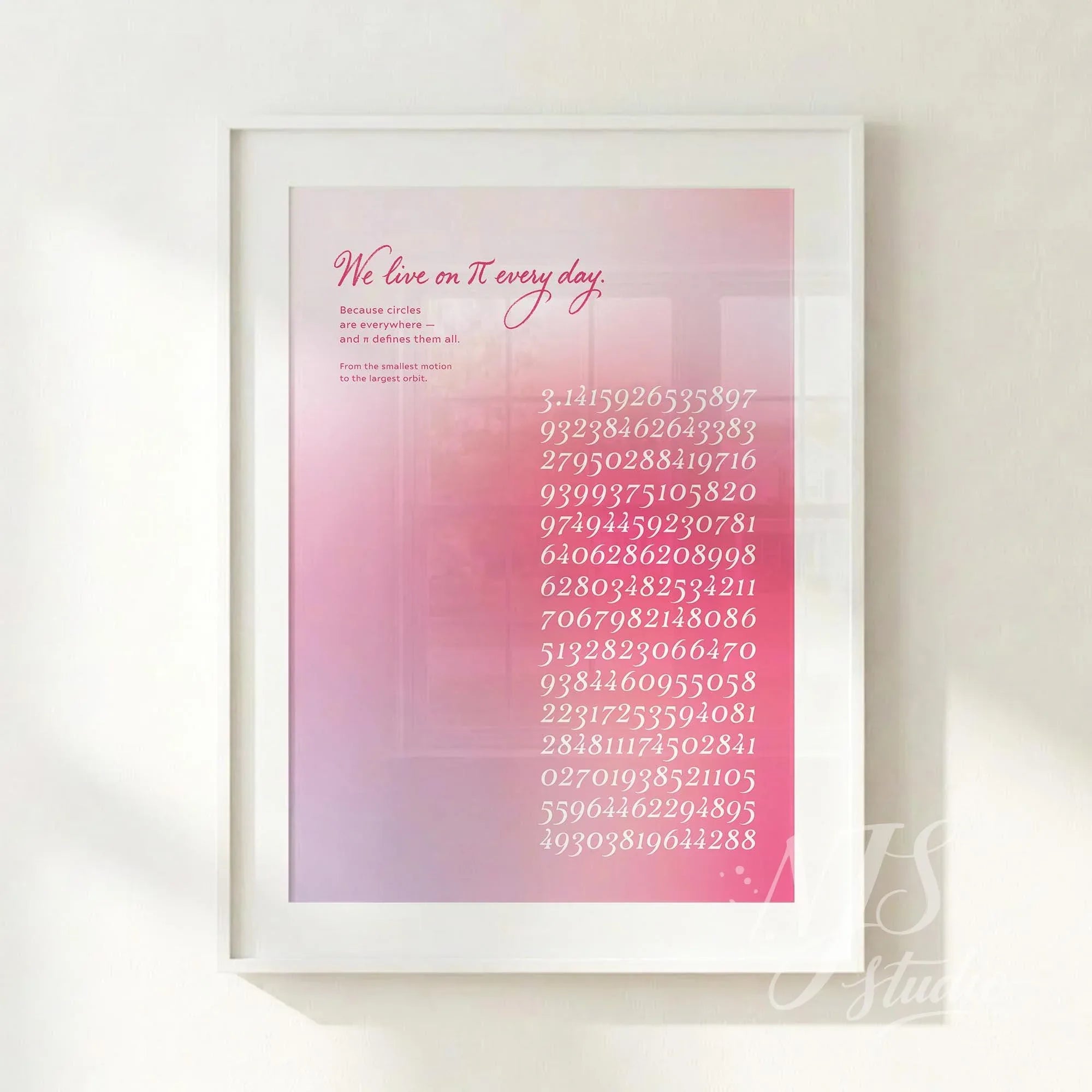 Pi digits and math quote displayed in a white frame against a neutral wall with soft natural light