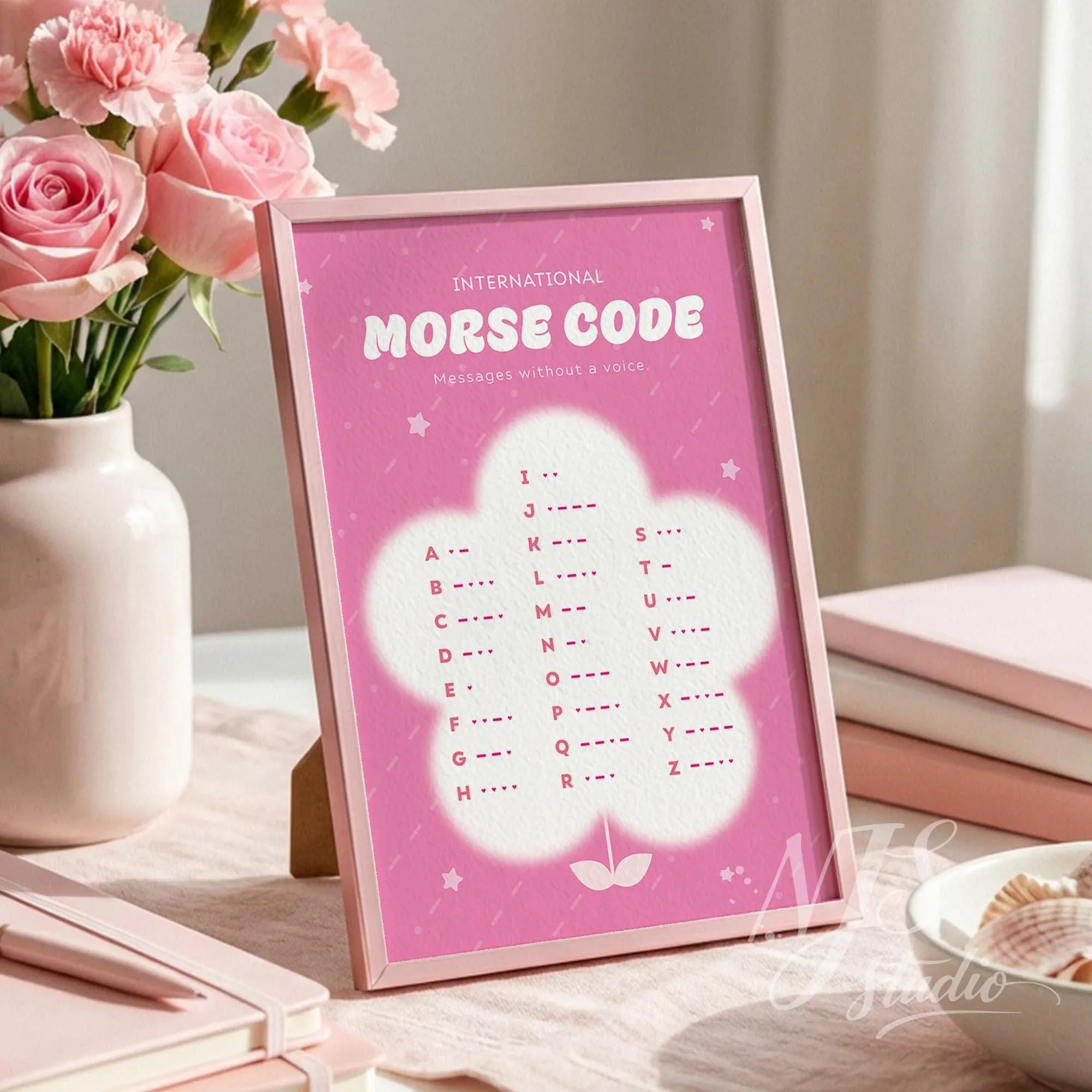 Close up of pink wall art showing Morse code alphabet arranged in a white flower shape, next to pink roses.