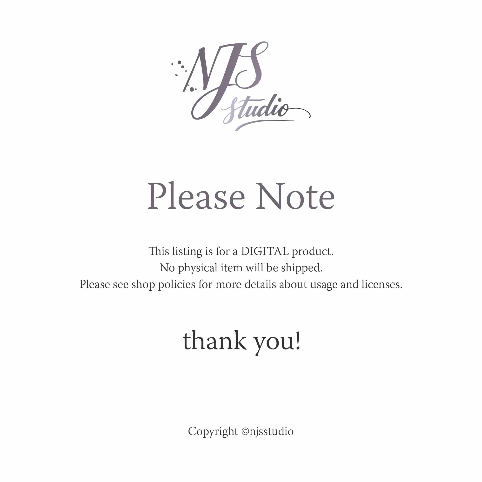 Disclaimer page from NJS Studio with text about digital product listing.