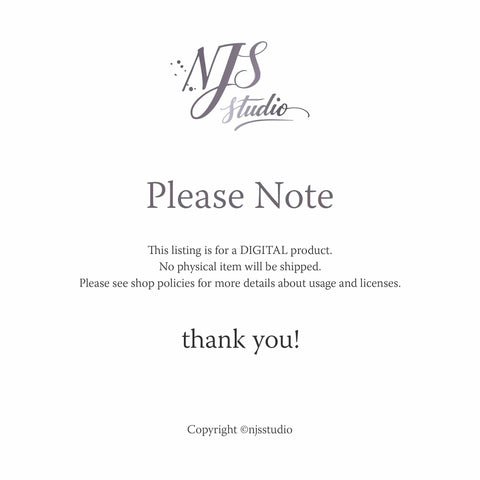 Disclaimer screen from NJS Studio with text about digital product listing.