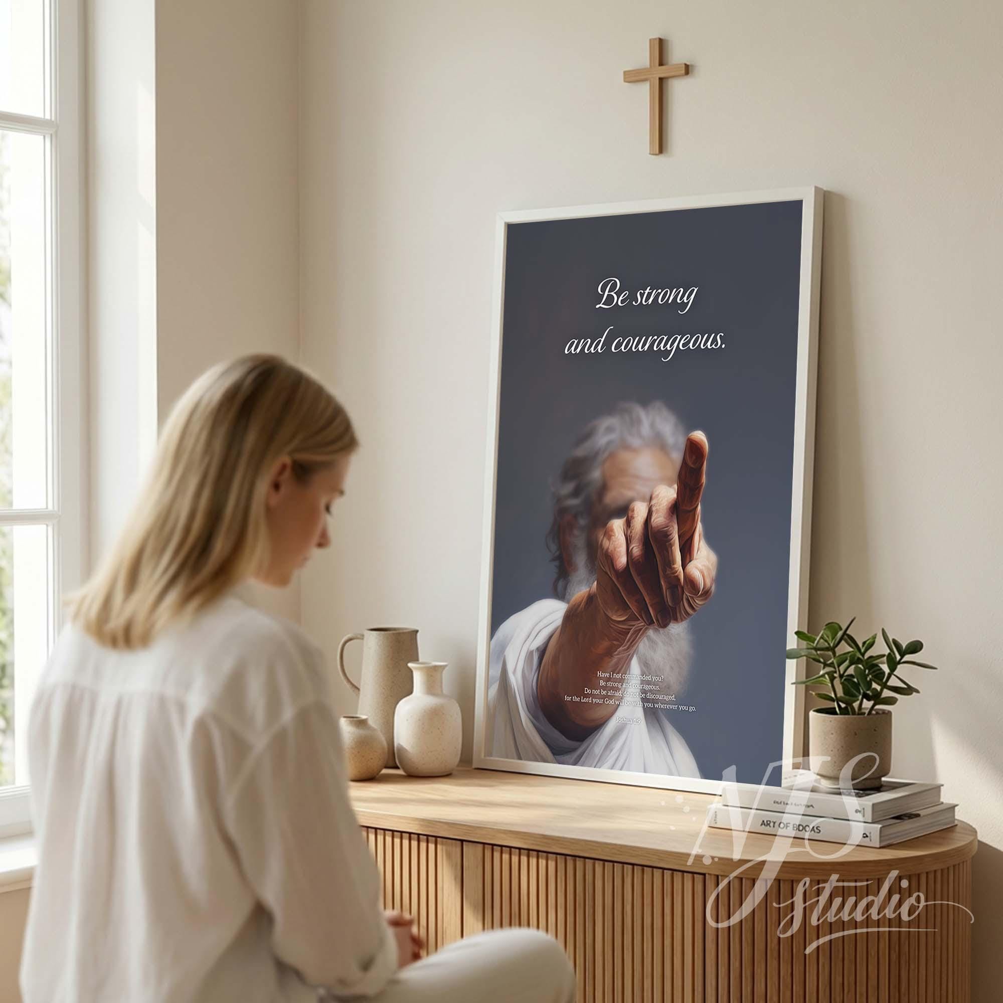 Prayer room decor Joshua 1:9 art. "Be strong and courageous" poster on console table for quiet time space.