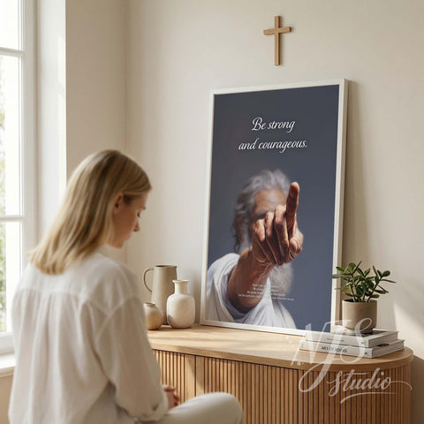 Prayer room decor Joshua 1:9 art. "Be strong and courageous" poster on console table for quiet time space.