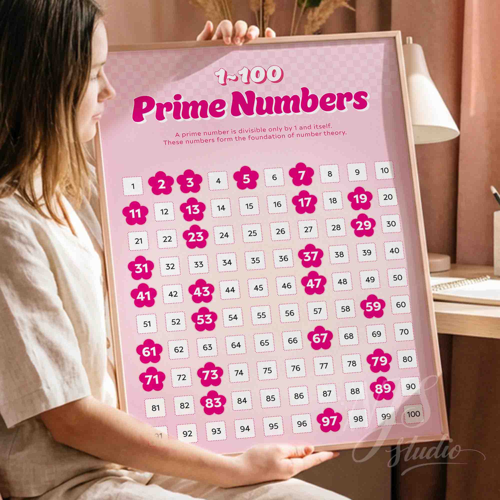Child holding a framed pink prime numbers poster showing numbers 1 to 100 in a cozy learning
