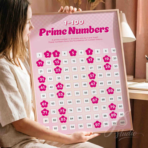 Child holding a framed pink prime numbers poster showing numbers 1 to 100 in a cozy learning