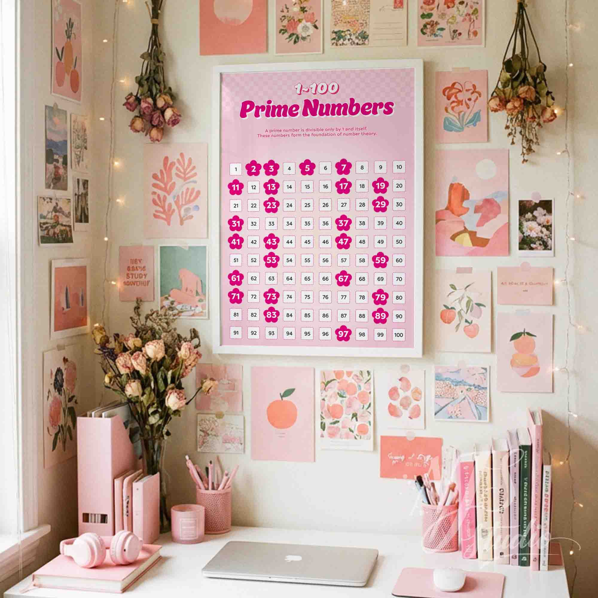 Prime numbers educational poster displayed on a pastel pink study wall surrounded by creative artwork