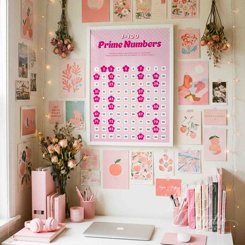 Prime numbers educational poster displayed on a pastel pink study wall surrounded by creative artwork
