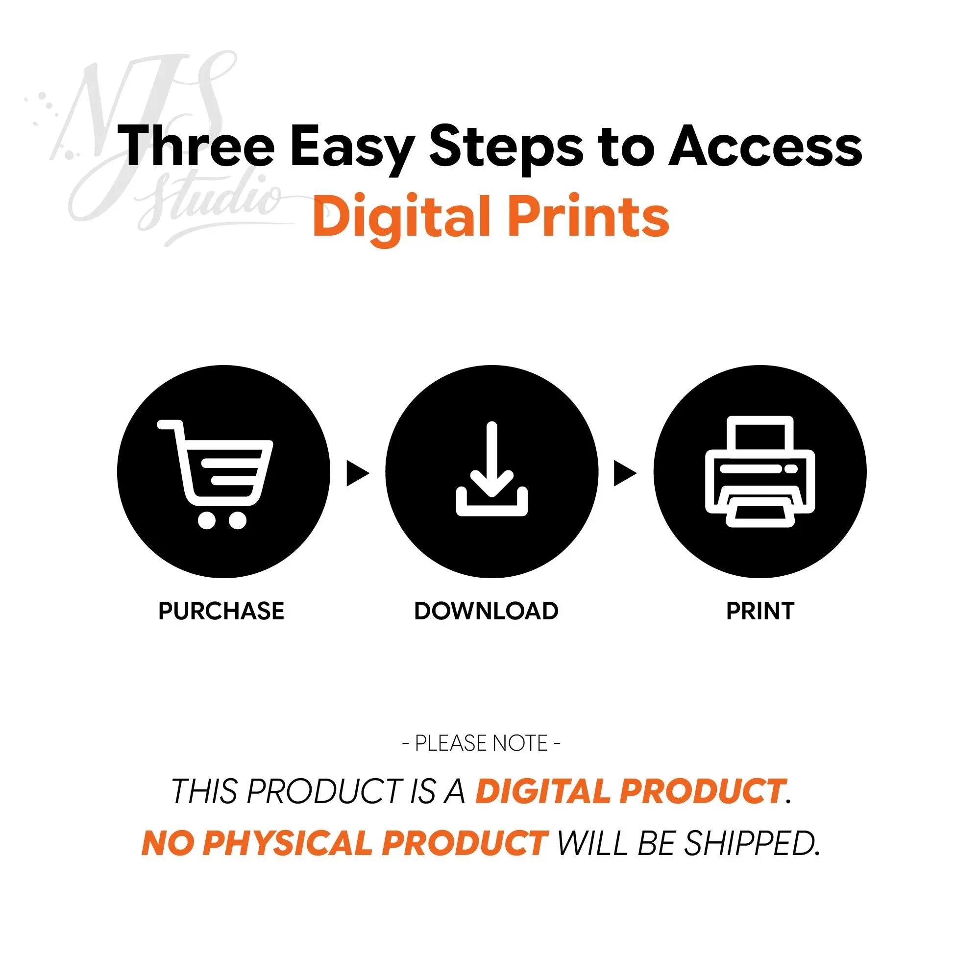 NJS Studio digital prints guide showing purchase, download, and print steps, no shipping.