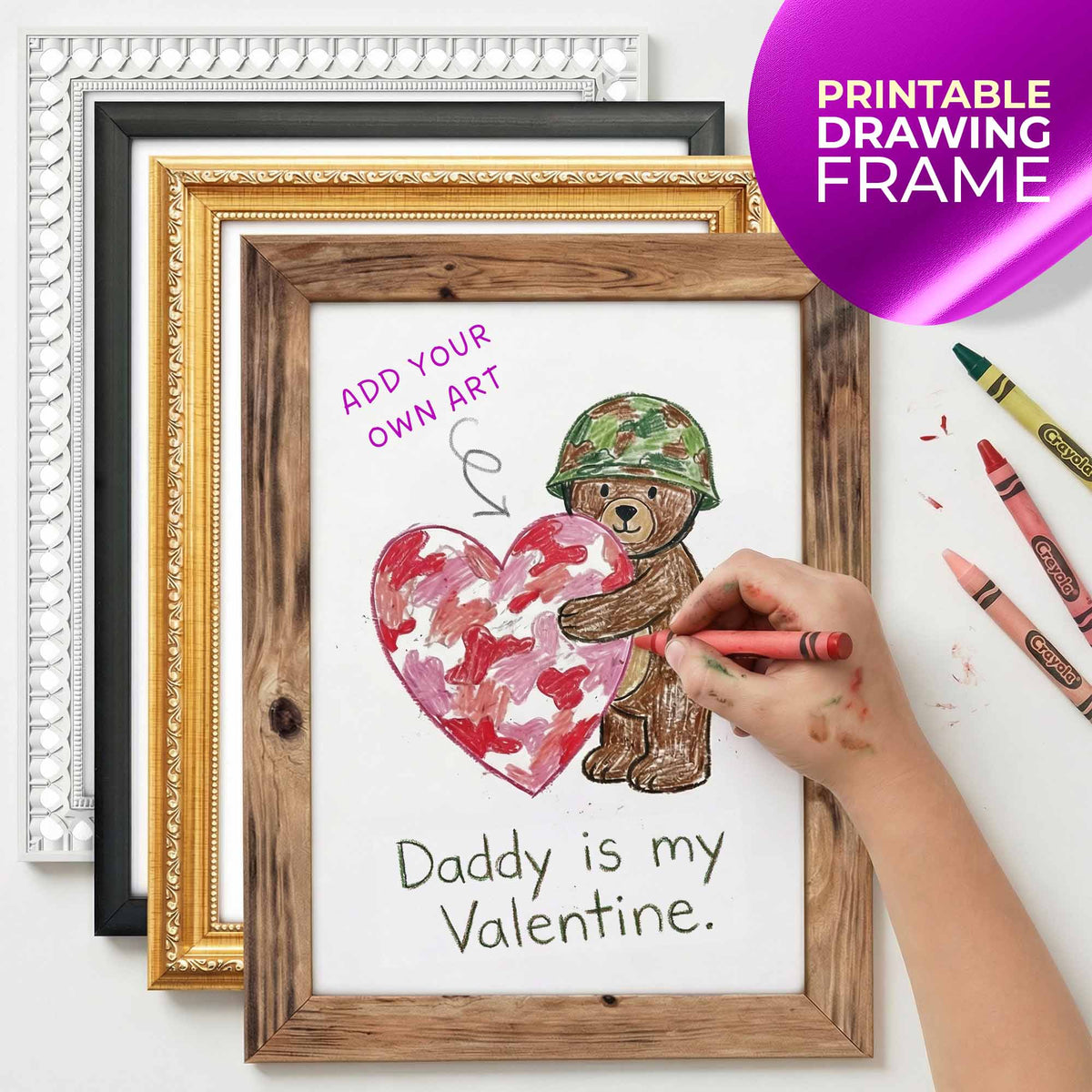 Framed drawing of a teddy bear holding a heart with 'Daddy is my Valentine' text, surrounded by crayons.
