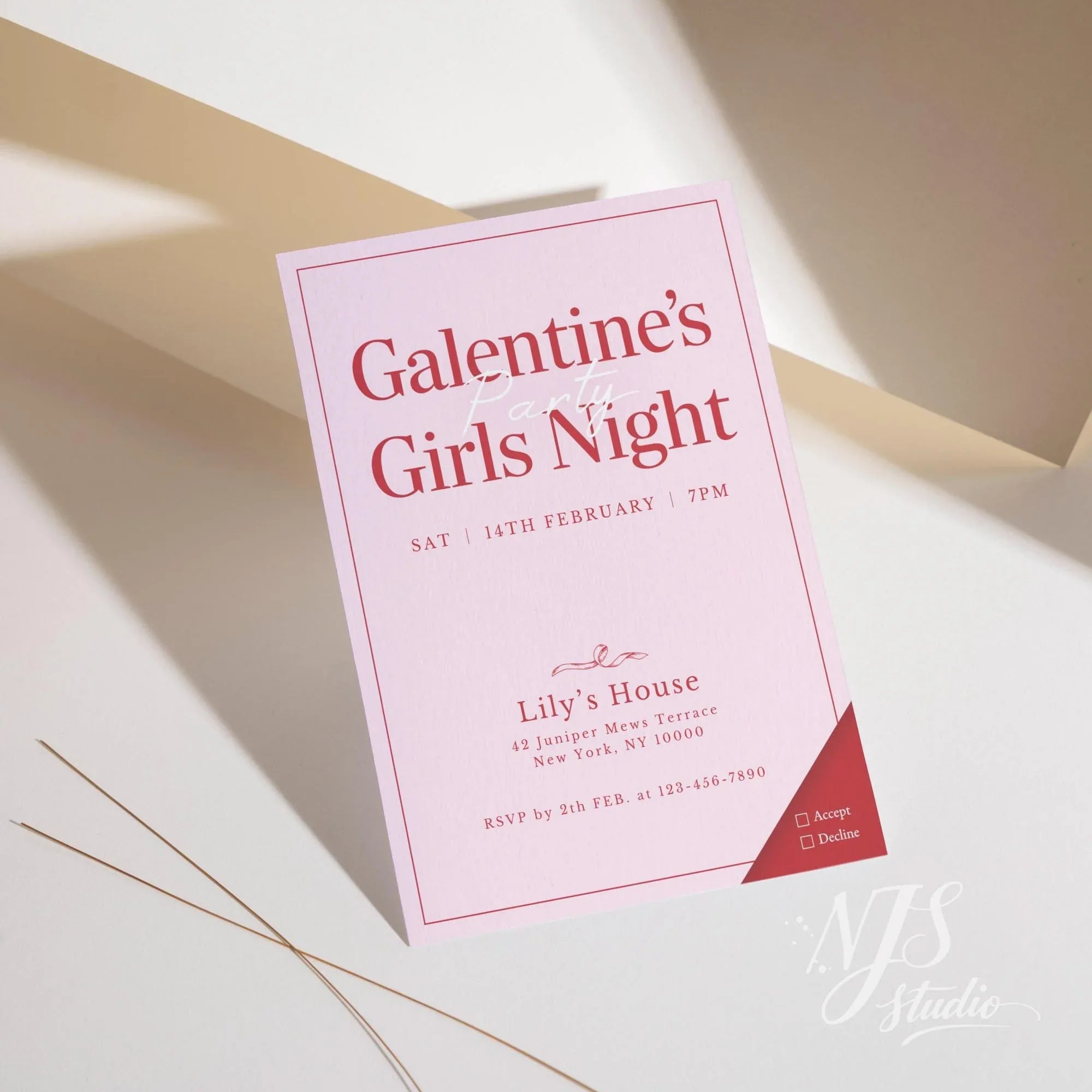 Printable Galentine's Day party card template with pink design, NJS Studio branding