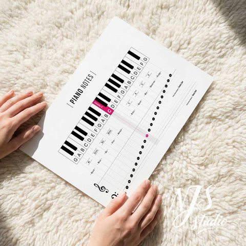 Hands holding printable piano notes guide on white rug, clearly showing Middle C highlighted in pink.