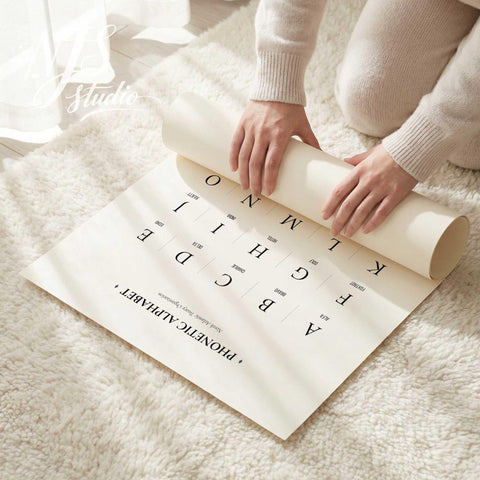 Hands unrolling high quality printed phonetic alphabet poster on rug showing clean typography and paper texture.