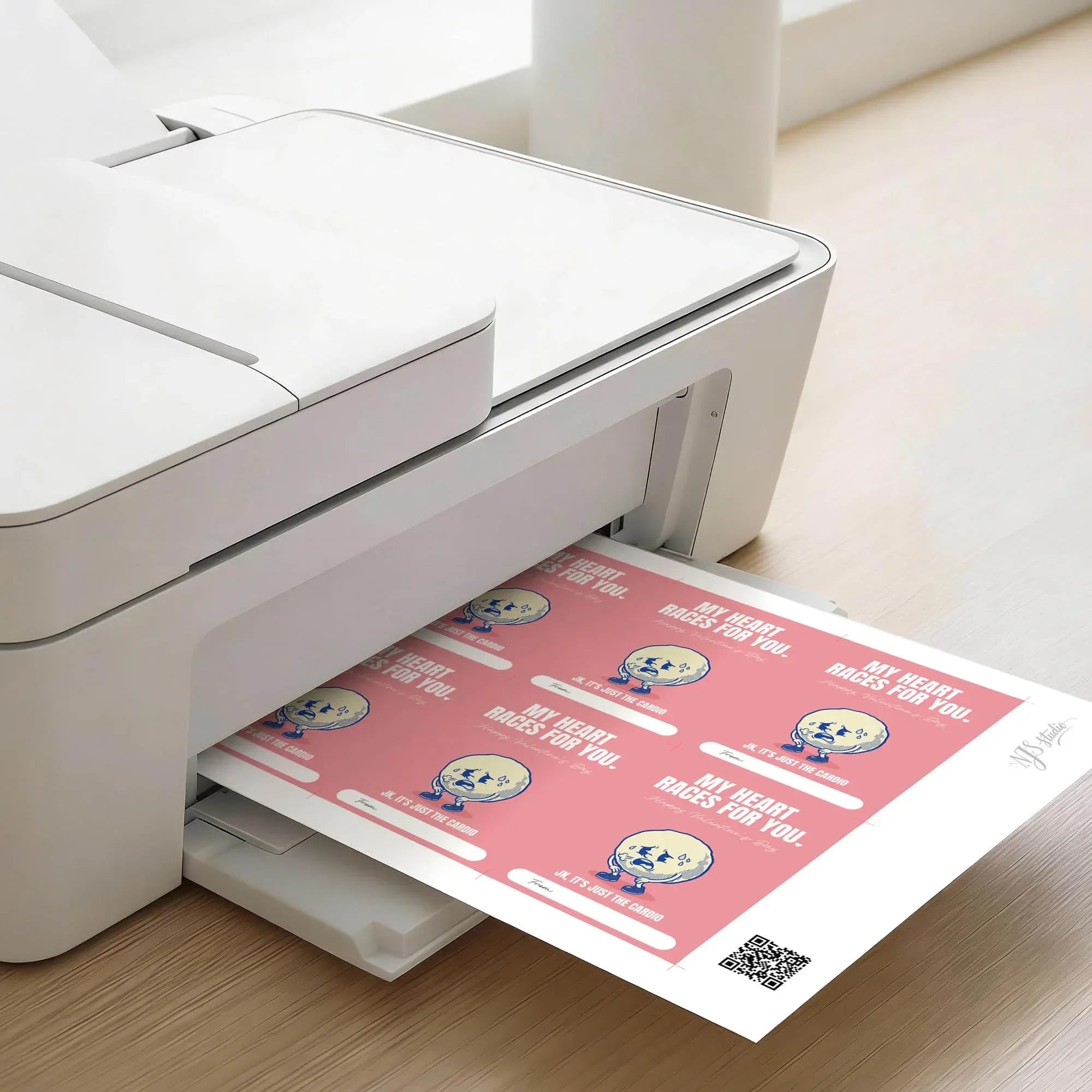 Printable Valentine cards sheet with heart design being printed, NJS studio creative digital craft