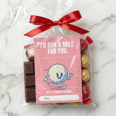 Valentine's treat bag with red ribbon, cute runner tag, chocolates, candies, NJS Studio product