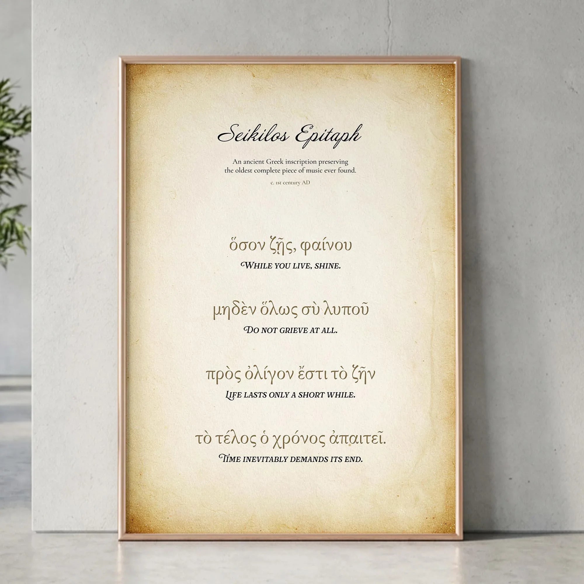 Large gold framed poster leaning against a wall, displaying ancient Greek wisdom While you live shine.