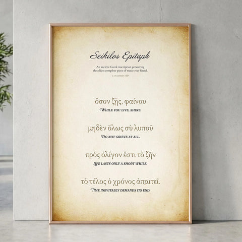 Large gold framed poster leaning against a wall, displaying ancient Greek wisdom While you live shine.