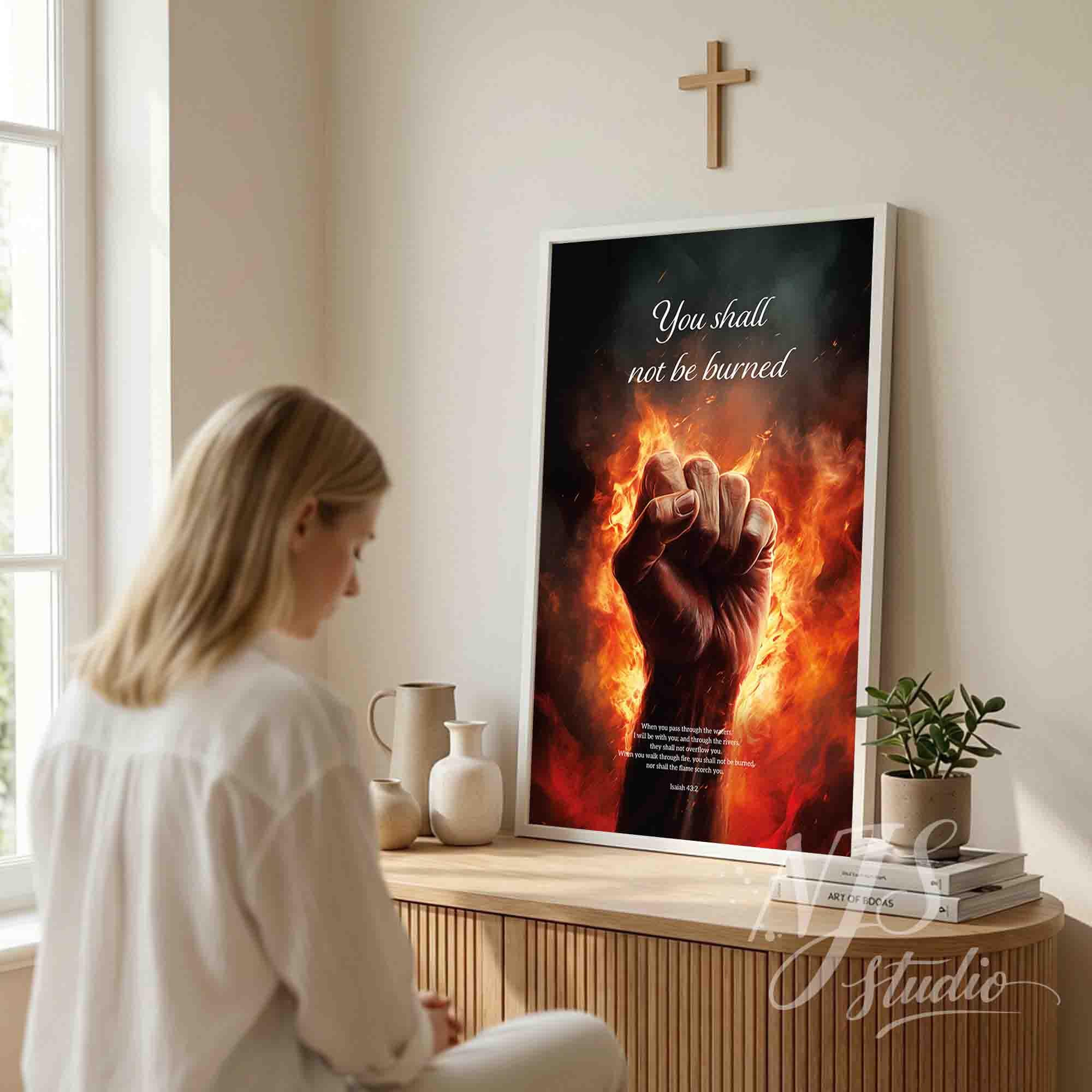 Spiritual art print featuring God's promise Isaiah 43:2 in a calm home interior.