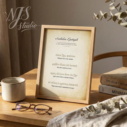 Wood framed print on a desk with reading glasses, featuring ancient Greek lyrics and translation.