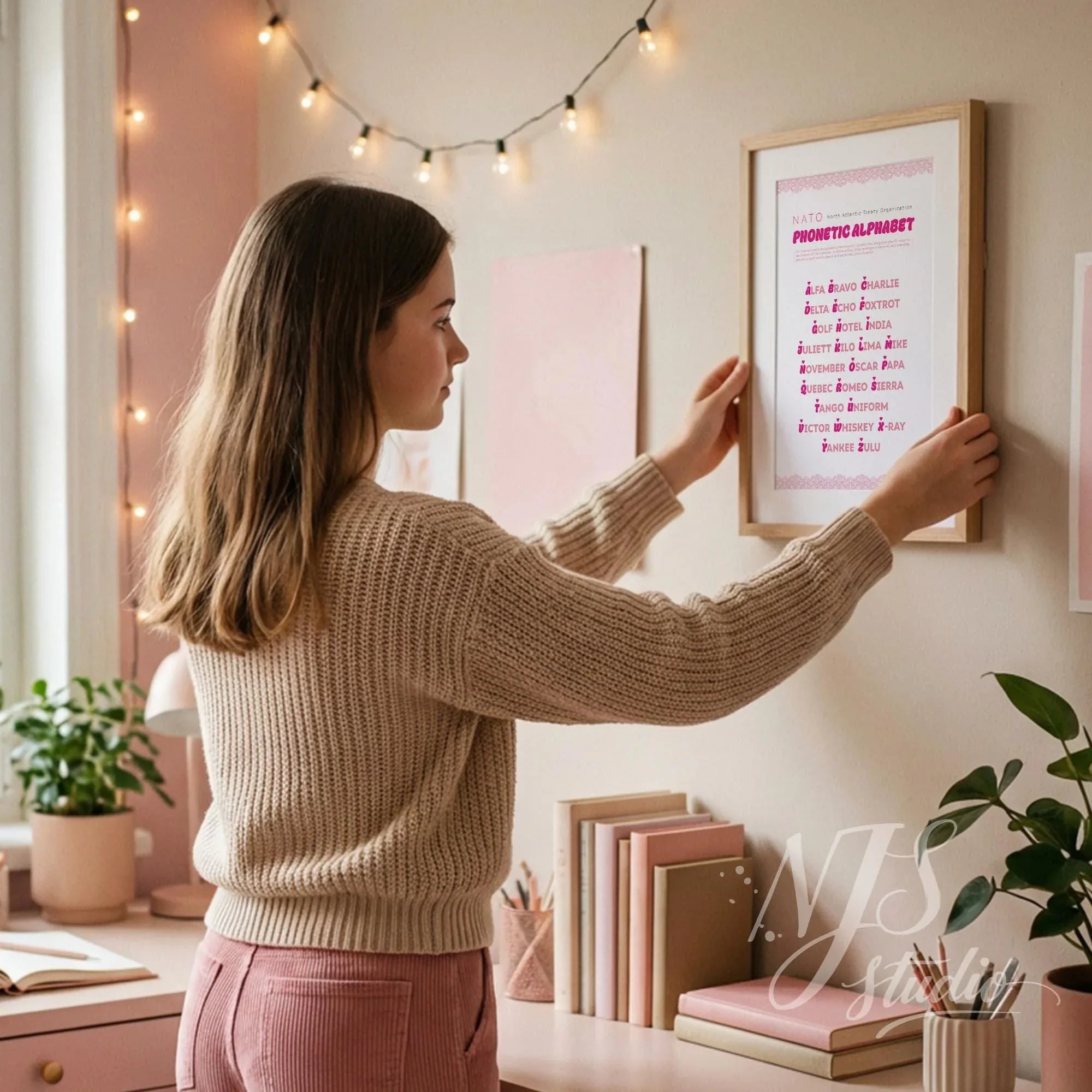 Teen girl hanging a framed pink NATO phonetic alphabet poster on a beige wall in a cozy bedroom.