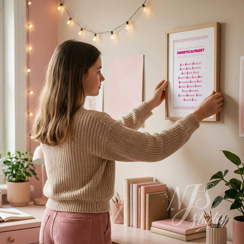 Teen girl hanging a framed pink NATO phonetic alphabet poster on a beige wall in a cozy bedroom.