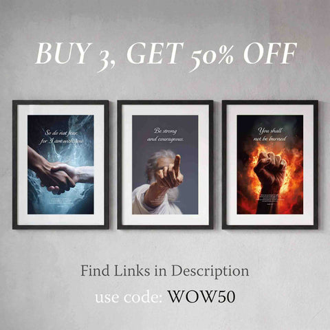 Three framed prints on a wall with promotional text overlay.