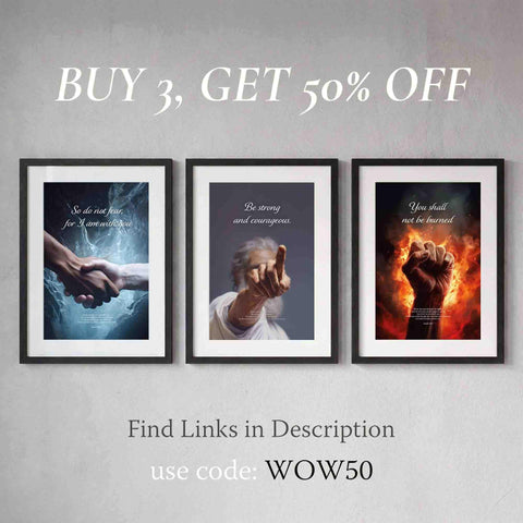 3 piece Christian wall art set. Framed bible verse bundle for gallery wall decor. Buy 3 get 50% off promotion.