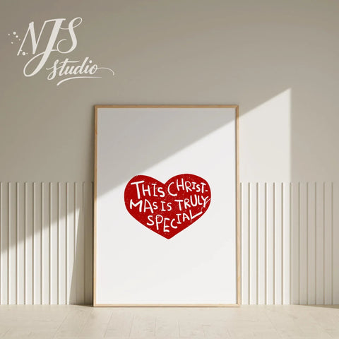 Minimalist holiday wall decor with red heart illustration and shadow overlay for trendy room aesthetic.
