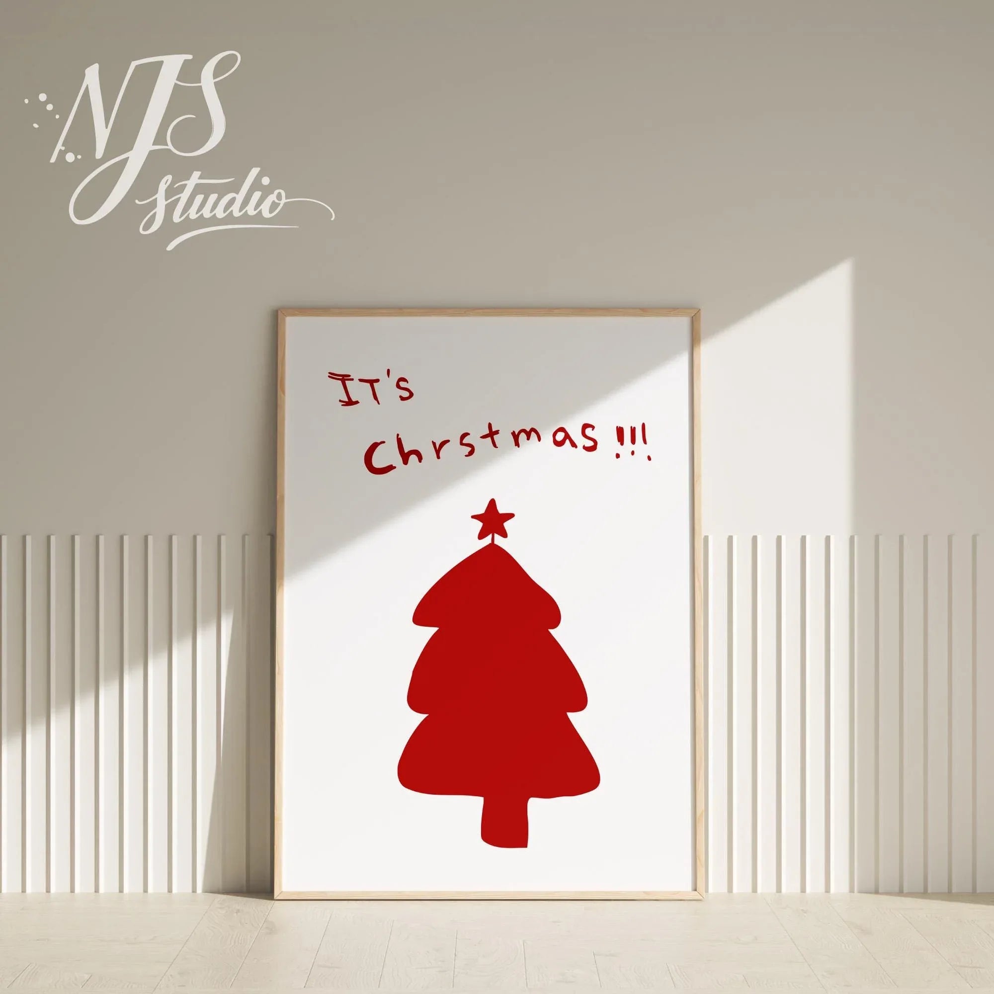 Simple red Christmas tree illustration wall art with soft window shadow overlay for trendy decor.